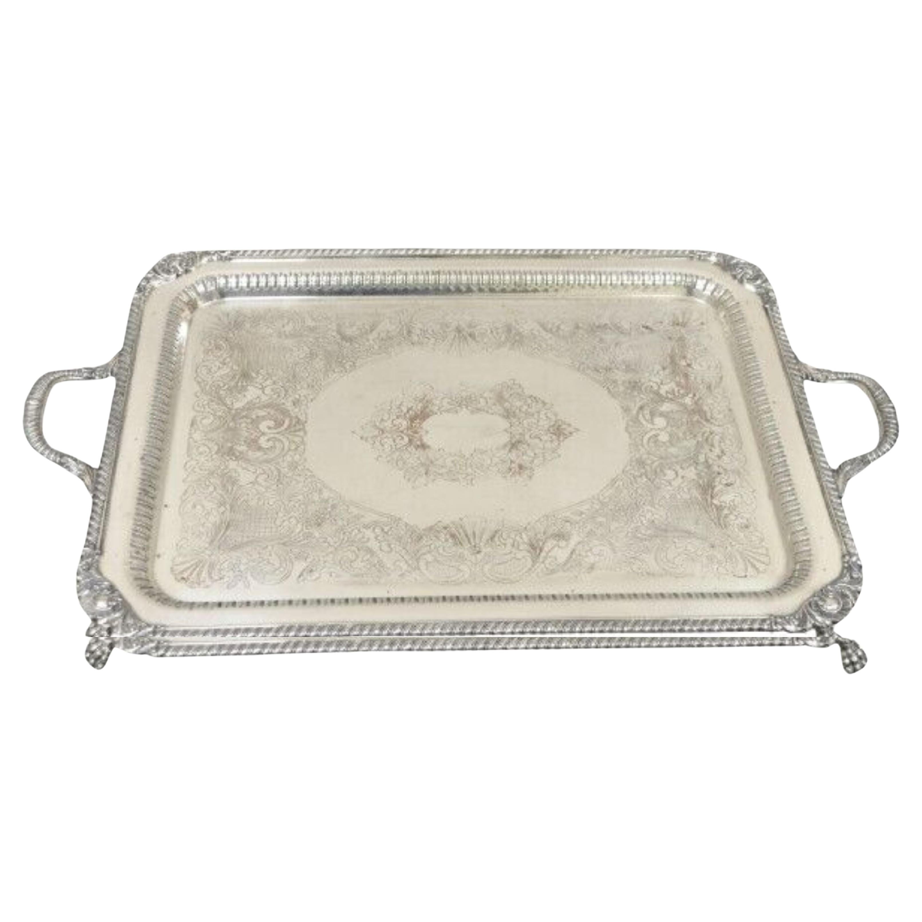 Antique English Victorian Rectangular Silver Plated Platter Tray on Paw Feet For Sale