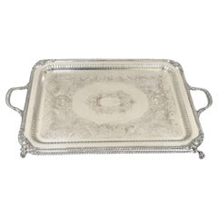 Antique English Victorian Rectangular Silver Plated Platter Tray on Paw Feet