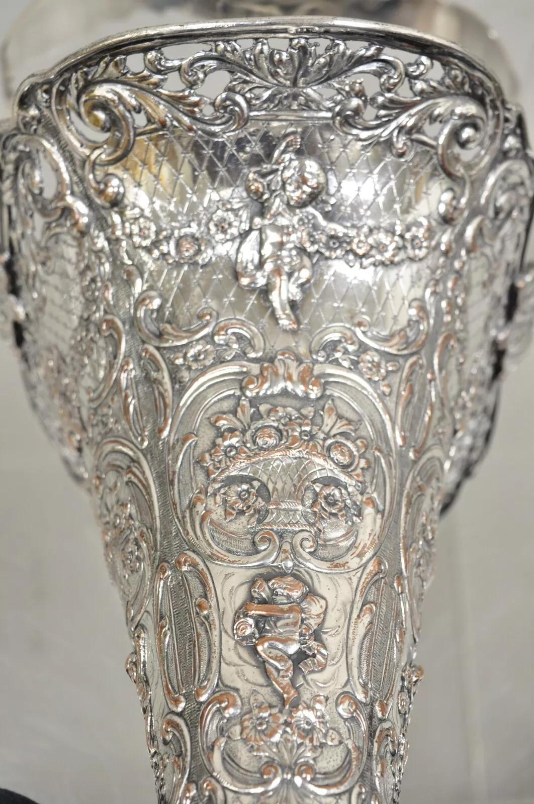 Antique English Victorian Repousse Silver Plated Cherub Vase Brides Basket For Sale 6