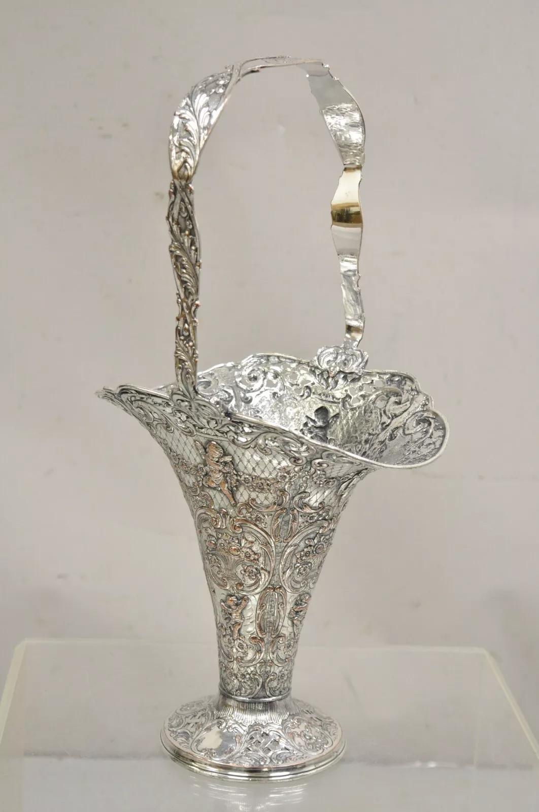 Antique English Victorian Repousse Silver Plated Cherub Vase Brides Basket For Sale 7
