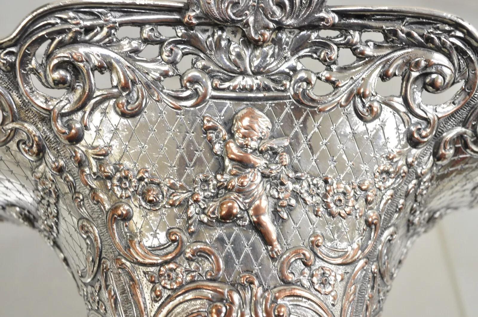 Unknown Antique English Victorian Repousse Silver Plated Cherub Vase Brides Basket For Sale