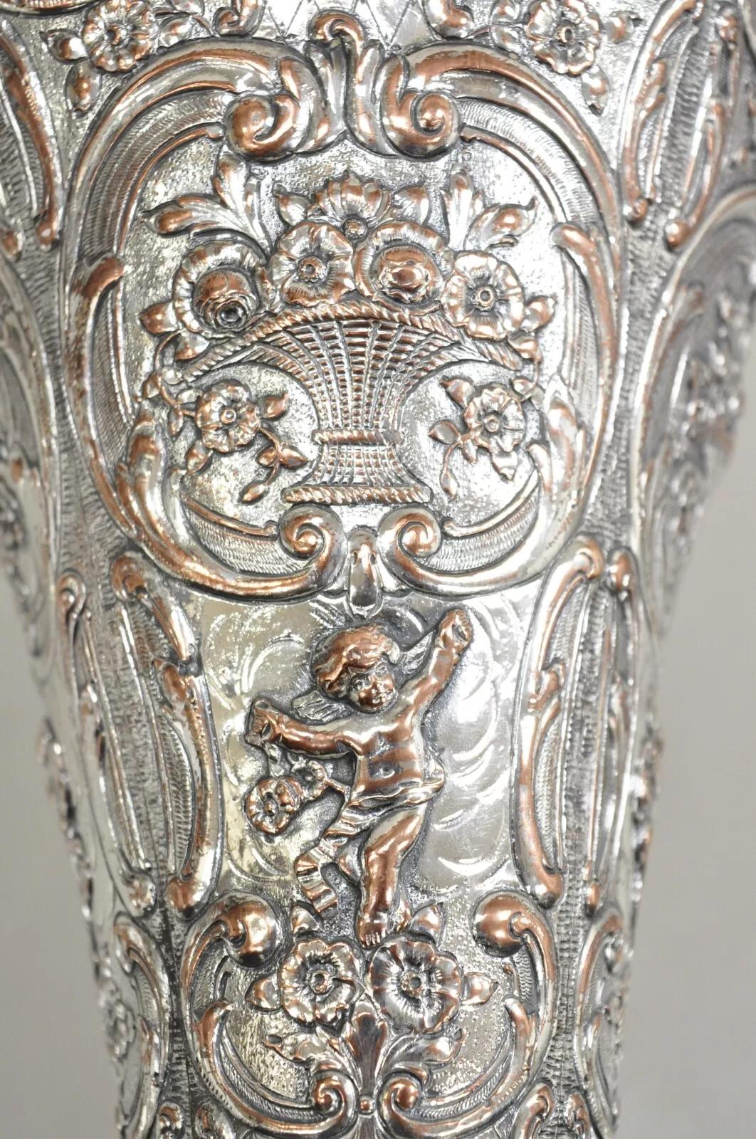 Antique English Victorian Repousse Silver Plated Cherub Vase Brides Basket In Good Condition For Sale In Philadelphia, PA