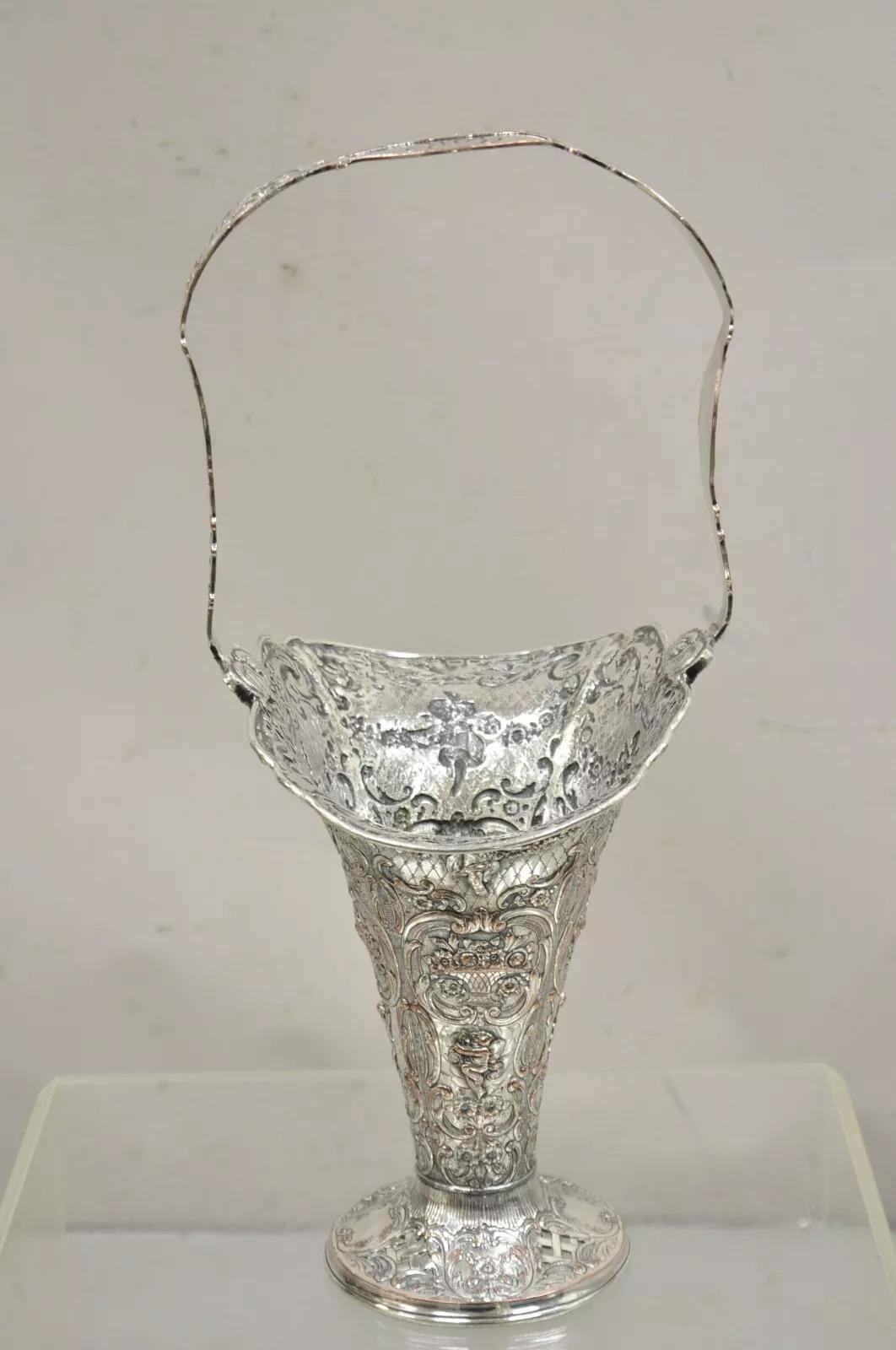 20th Century Antique English Victorian Repousse Silver Plated Cherub Vase Brides Basket For Sale