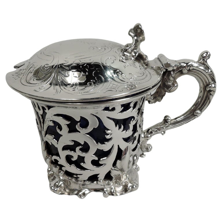 Antique English Victorian Rococo Sterling Silver Mustard Pot  For Sale