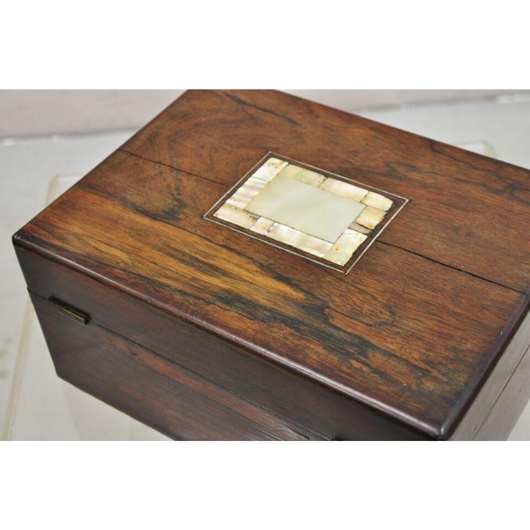 Antique English Victorian Rosewood Vanity Jewelry Box with Mother of Pearl Inlay For Sale 5