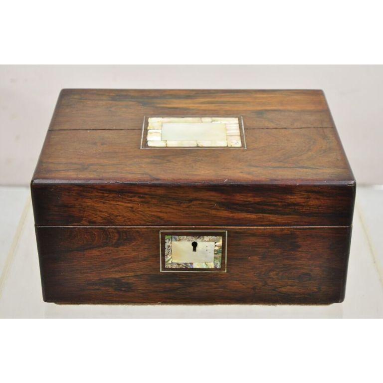 Antique English Victorian Rosewood Vanity Jewelry Box with Mother of Pearl Inlay In Good Condition For Sale In Philadelphia, PA