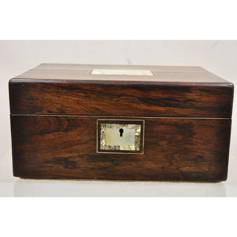 19th Century Antique English Victorian Rosewood Vanity Jewelry Box with Mother of Pearl Inlay For Sale