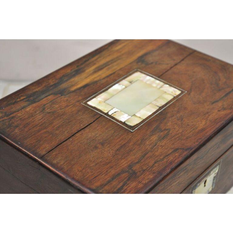 Antique English Victorian Rosewood Vanity Jewelry Box with Mother of Pearl Inlay For Sale 3