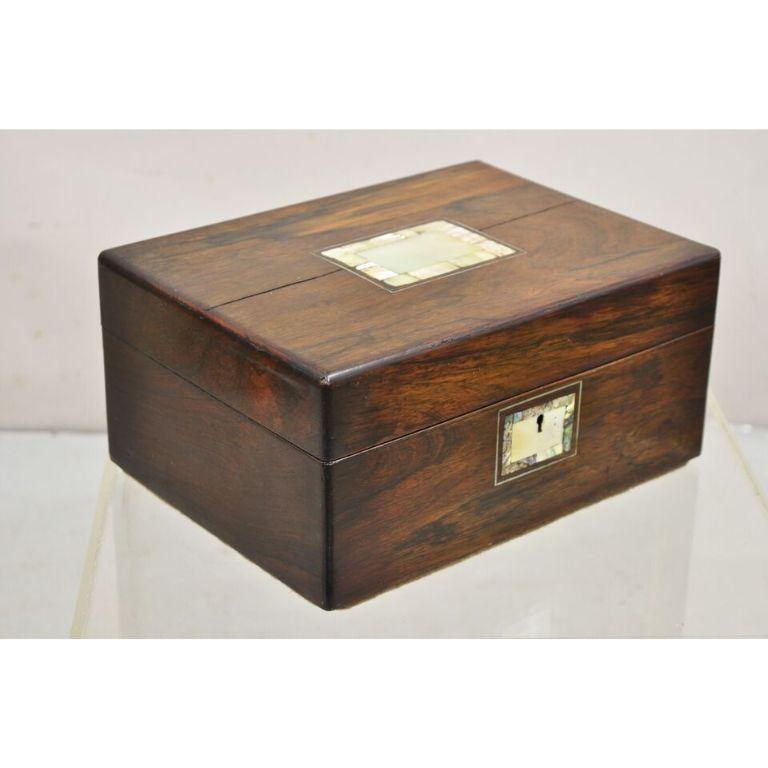 Antique English Victorian Rosewood Vanity Jewelry Box with Mother of Pearl Inlay For Sale 4