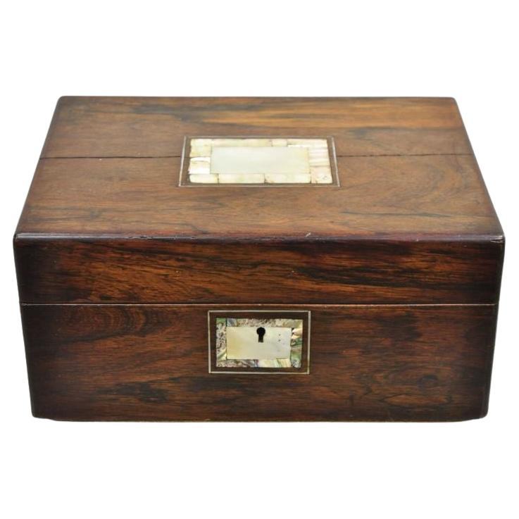 Boîte à bijoux victorienne anglaise ancienne en bois de rose avec incrustation de nacre