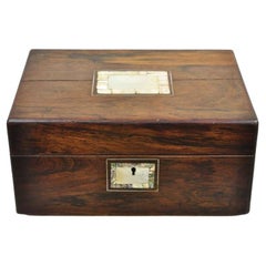 Boîte à bijoux victorienne anglaise ancienne en bois de rose avec incrustation de nacre