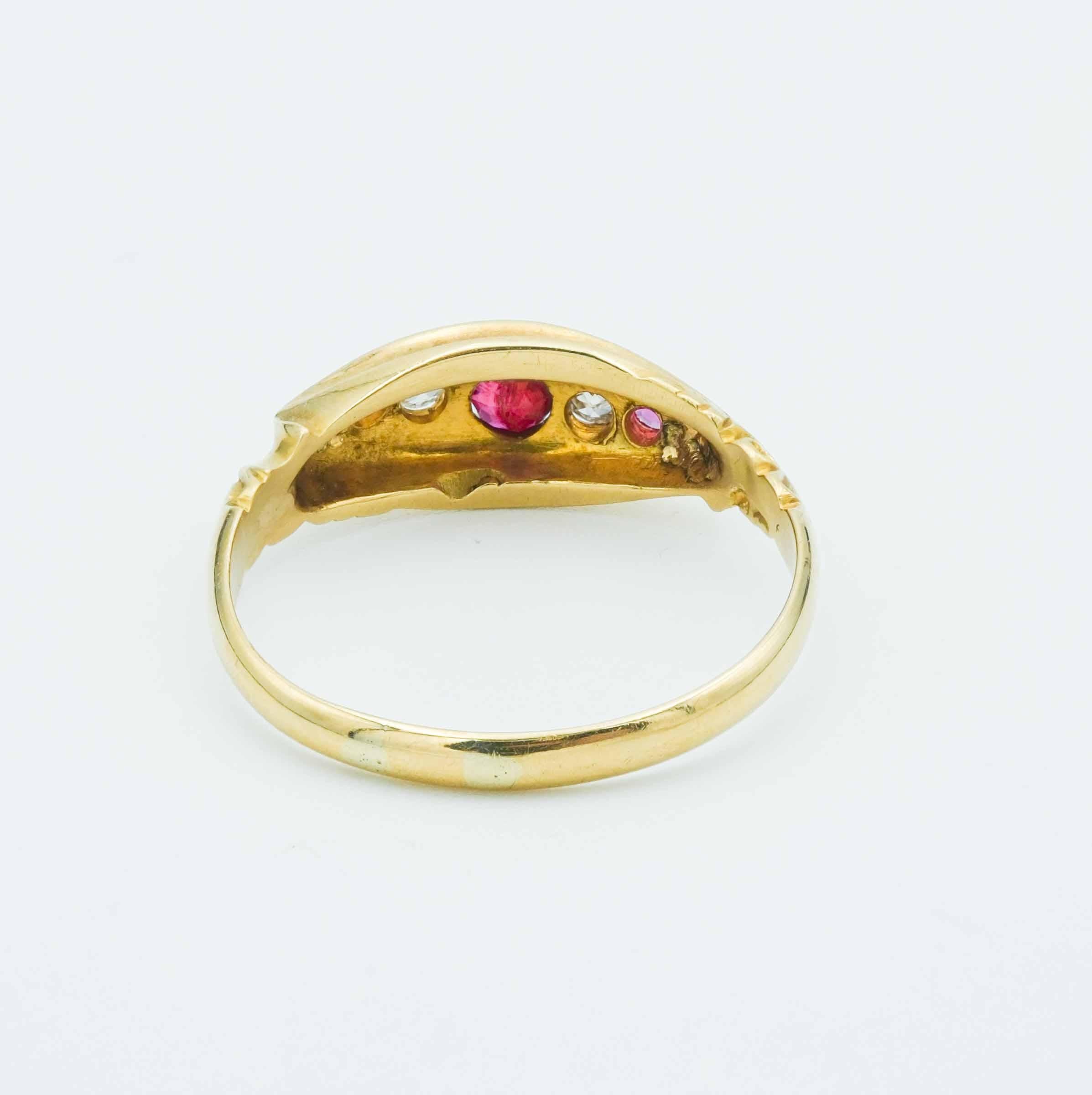 Round Cut Antique English Victorian Ruby and Diamond 18 Karat Yellow Gold Half-Moon Ring