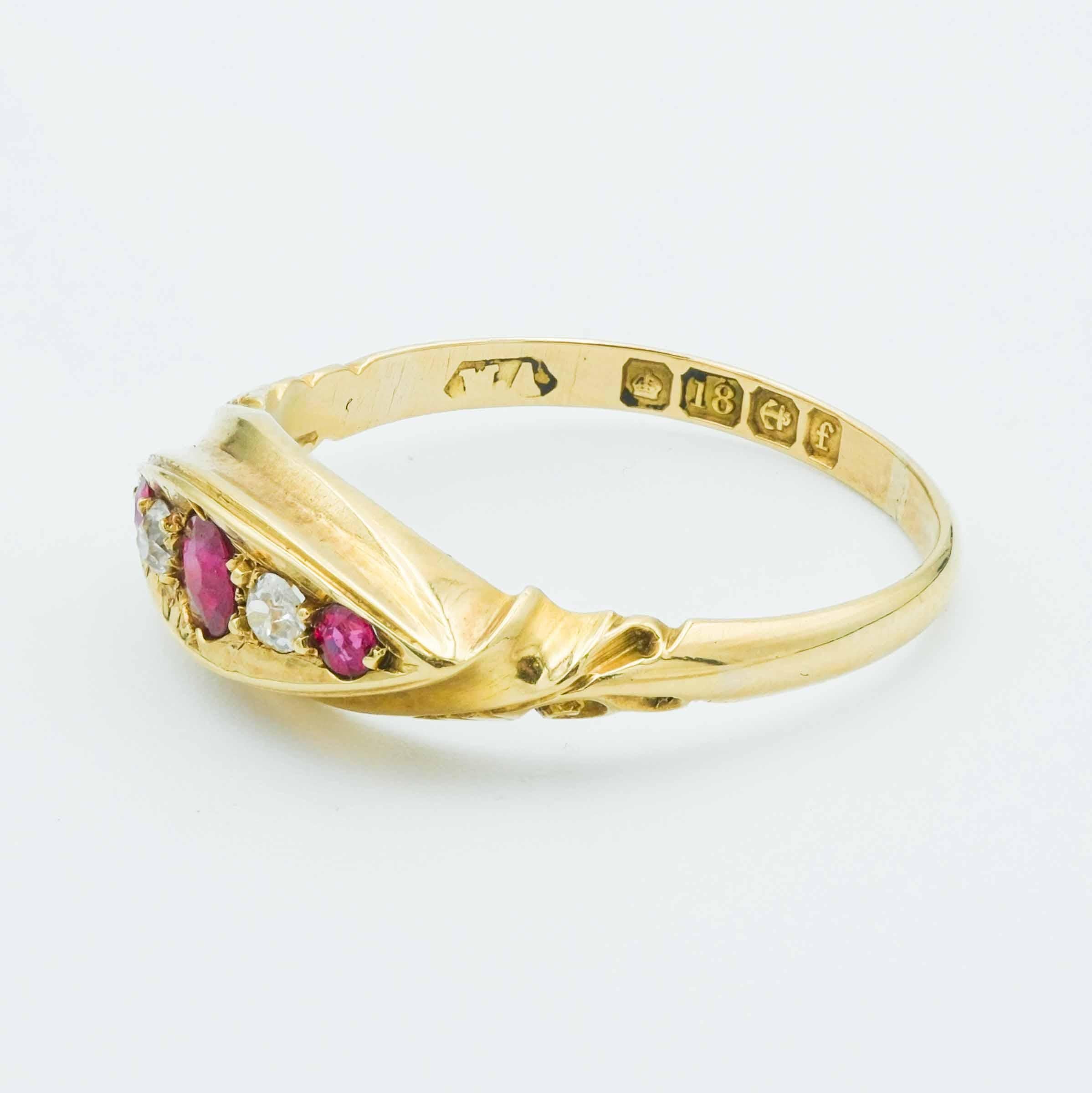 Antique English Victorian Ruby and Diamond 18 Karat Yellow Gold Half-Moon Ring In Good Condition In Fairfield, CT