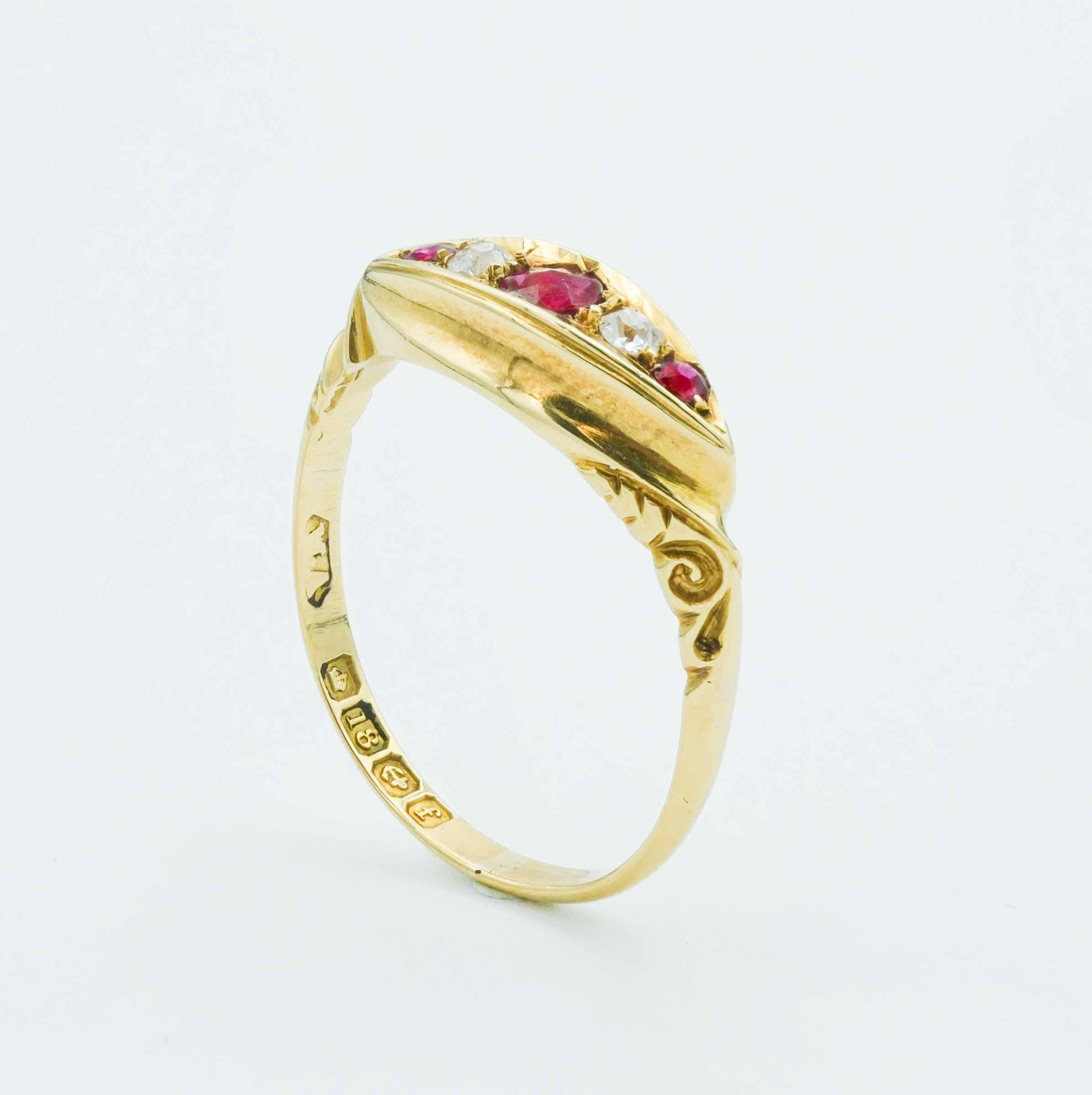 Women's Antique English Victorian Ruby and Diamond 18 Karat Yellow Gold Half-Moon Ring