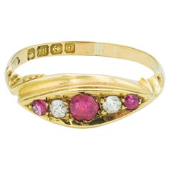 Antique English Victorian Ruby and Diamond 18 Karat Yellow Gold Half-Moon Ring
