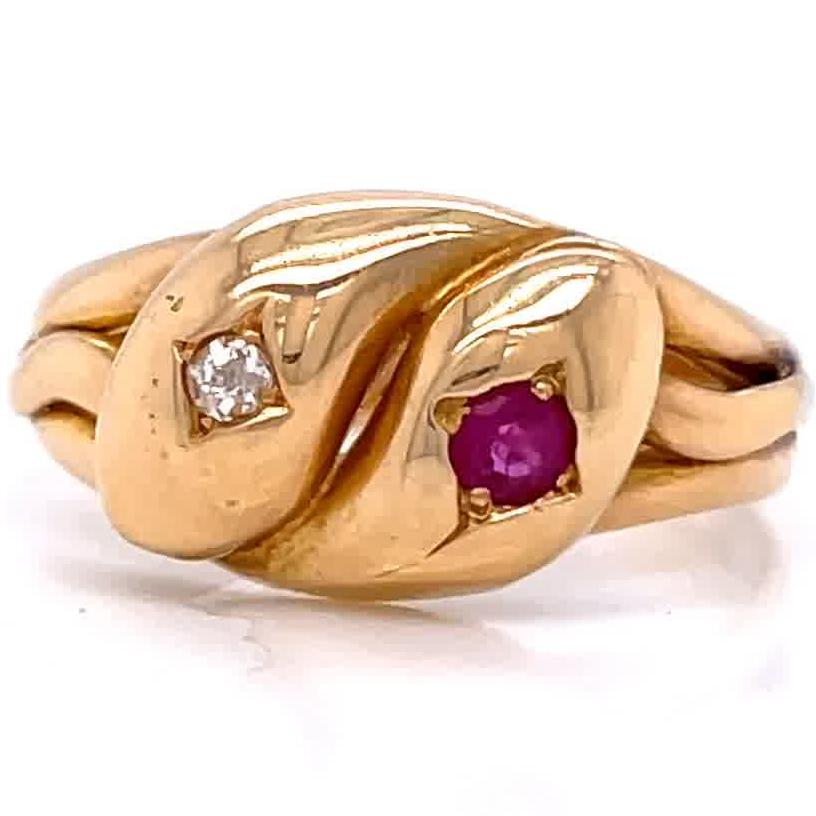 Round Cut Antique English Victorian Ruby Diamond 18 Karat Gold Intertwining Snake Ring