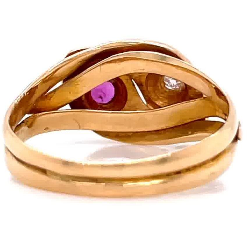 Women's Antique English Victorian Ruby Diamond 18 Karat Gold Intertwining Snake Ring