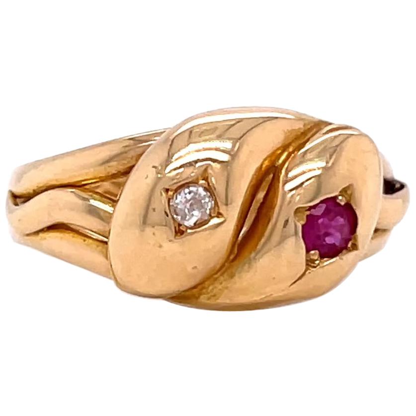 Antique English Victorian Ruby Diamond 18 Karat Gold Intertwining Snake Ring