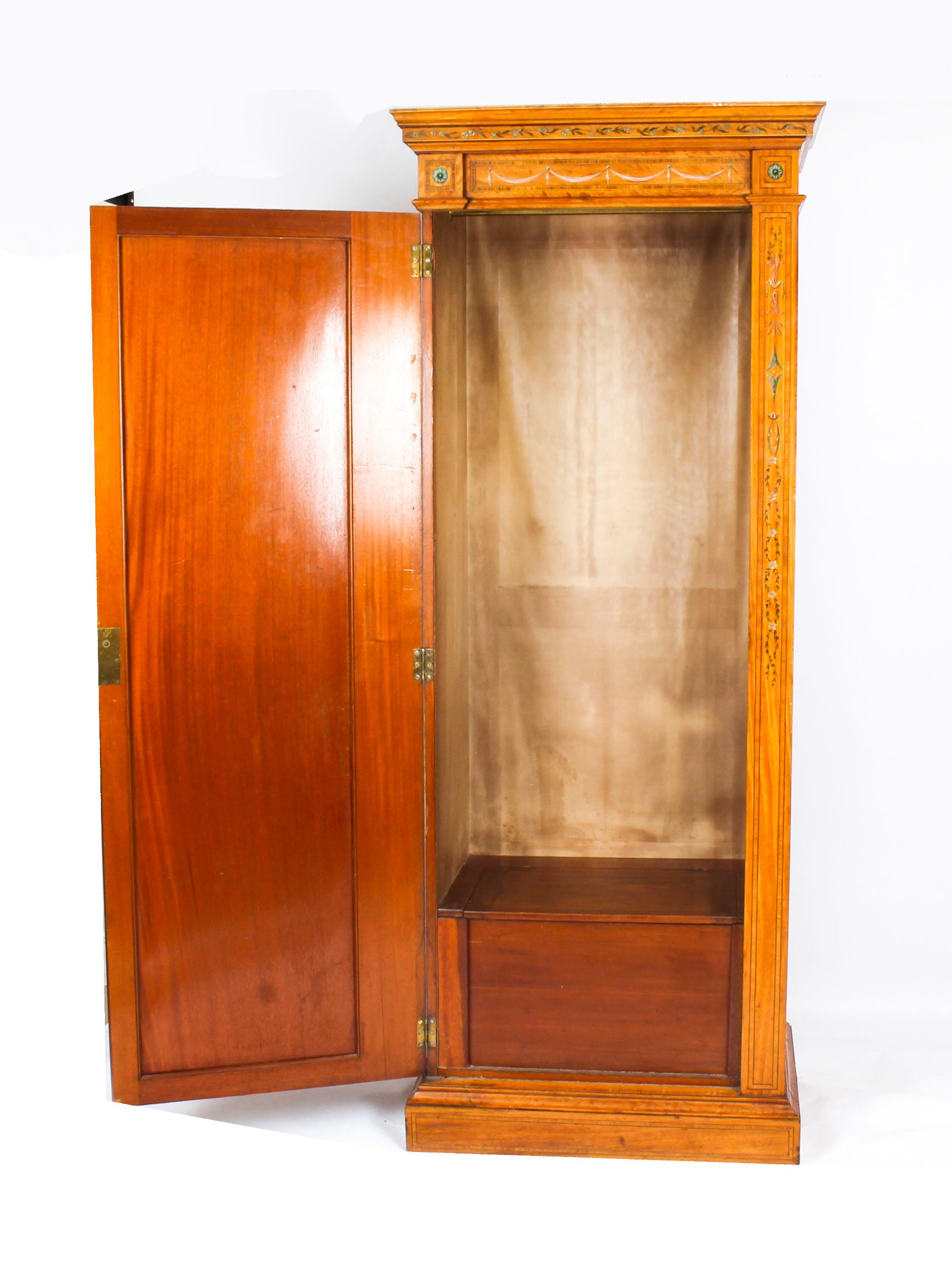 Late 19th Century Antique English Victorian Satinwood Hand Painted Wardrobe, 19th Century