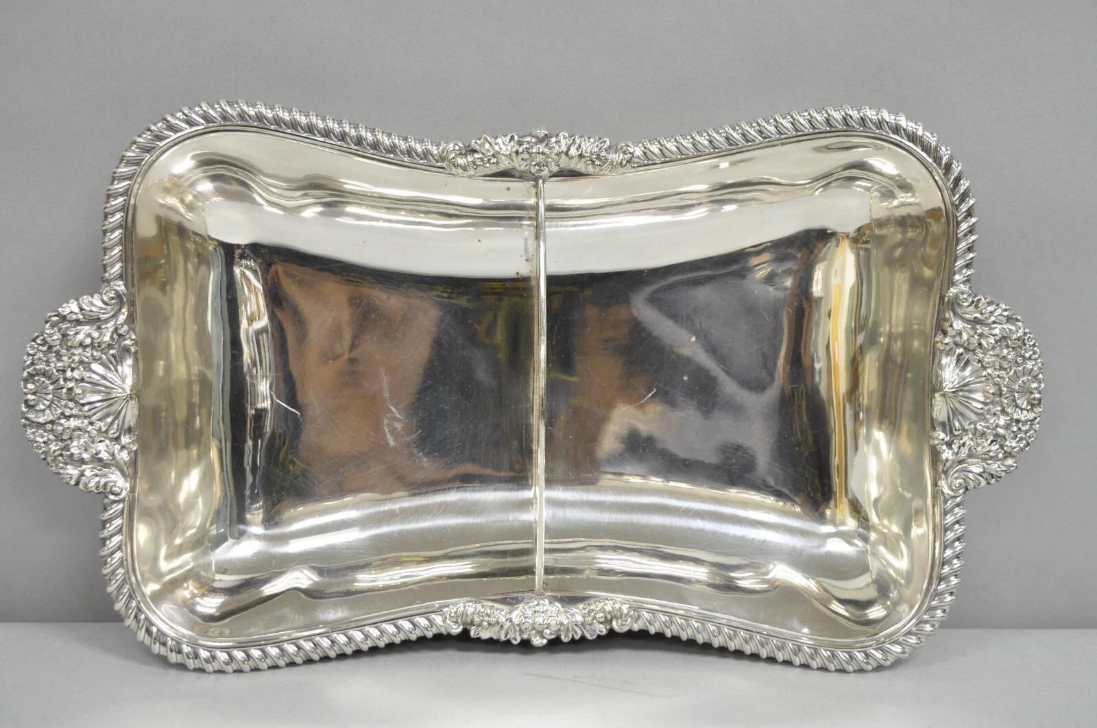 Antike englische viktorianische Scalloped versilbert Servierplatte w Teiler im Angebot 5
