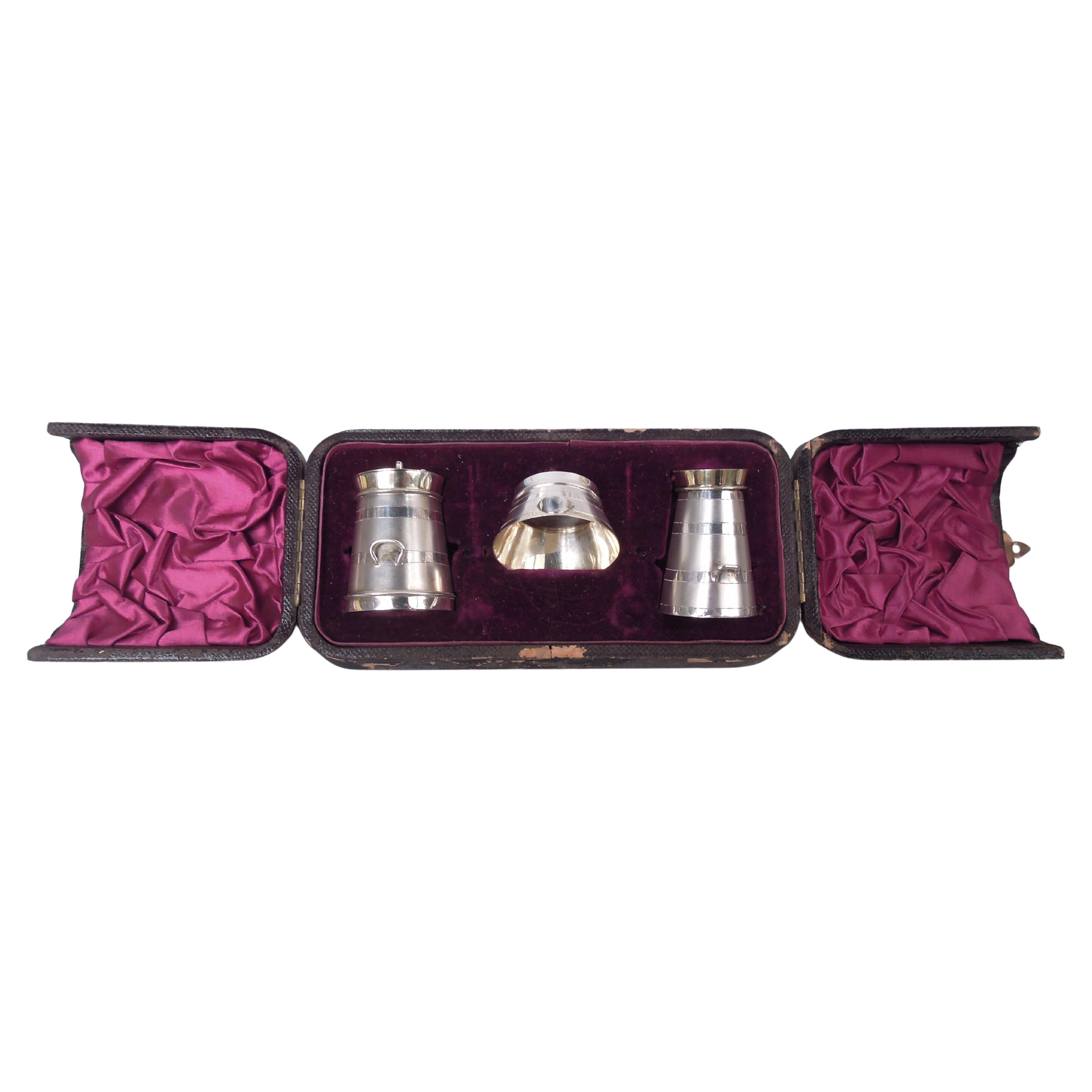 Antique English Victorian Silver Gilt Condiment Set in Case, 1886-1889 For Sale