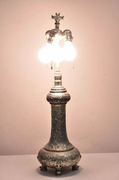 Antique English Victorian Silver Gilt Pewter Table Lamp w/ Regency Dolphin Feet