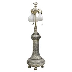 Antique English Victorian Silver Gilt Pewter Table Lamp w/ Regency Dolphin Feet