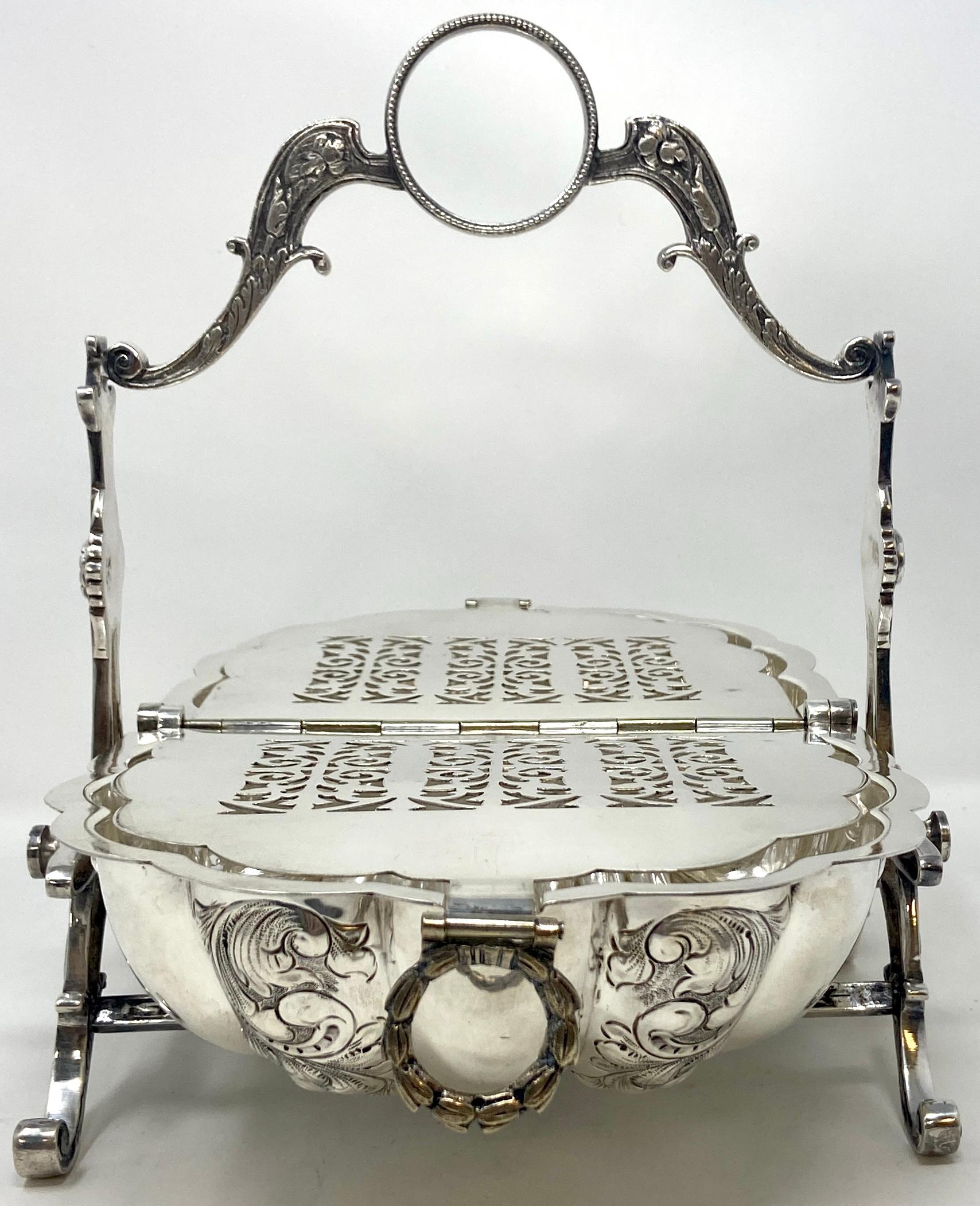Antique English Victorian silver-plated mechanical clamshell biscuit barrel, circa 1900-1920.