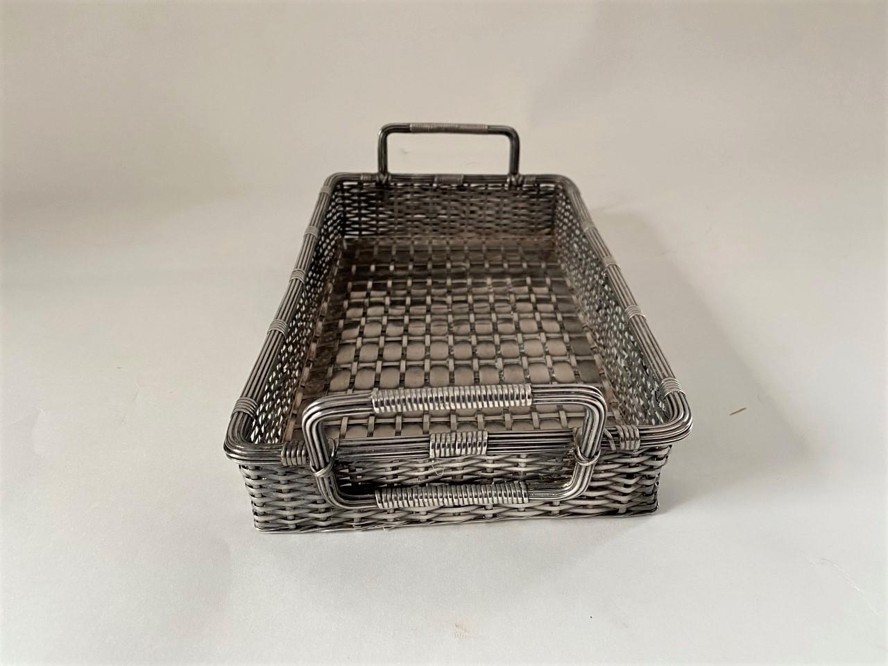 19th Century Antique English Victorian Silver Plate Woven Basket with Handles For Sale