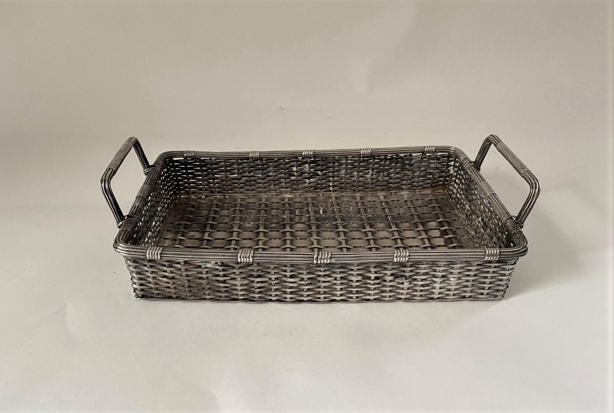 Antique English Victorian Silver Plate Woven Basket with Handles For Sale 1
