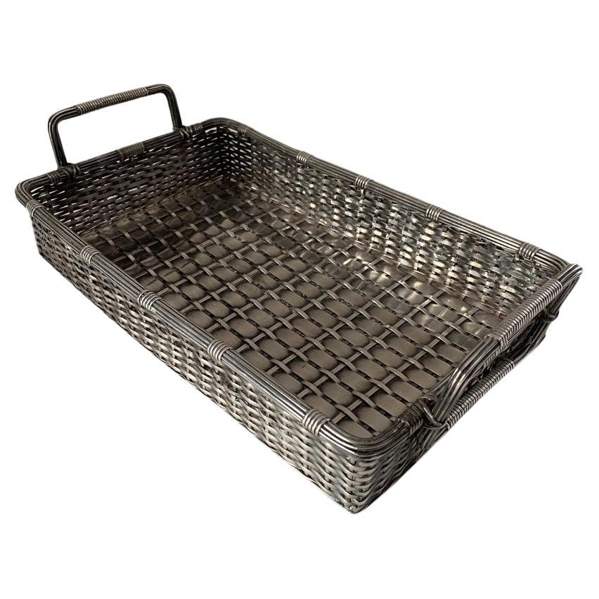 Antique English Victorian Silver Plate Woven Basket with Handles For Sale