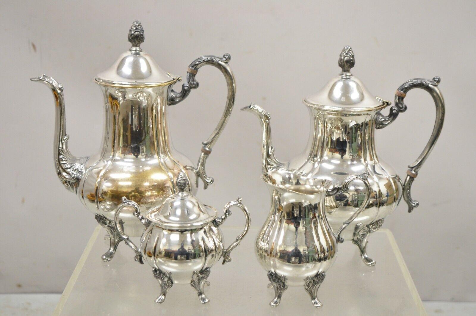 Antique English Victorian Silver Plated Coffee Tea Set - 4 Pc Set. Item features (1) coffee pot, (1) tea pot, (1) creamer, and (1) lidded sugar bowl. Circa Early to Mid 1900s. Measurements: Tallest piece: 11.5