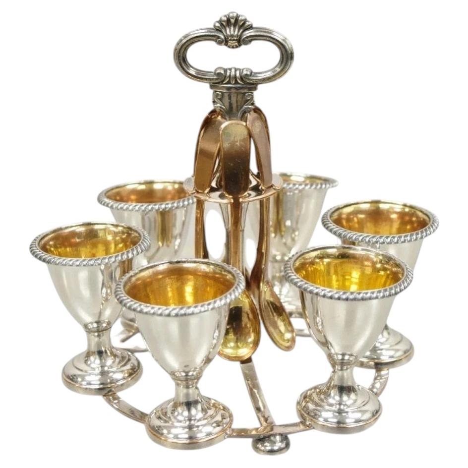 Service à œufs victorien anglais ancien en métal argenté avec ensemble de cuillères – Service pour 6 personnes