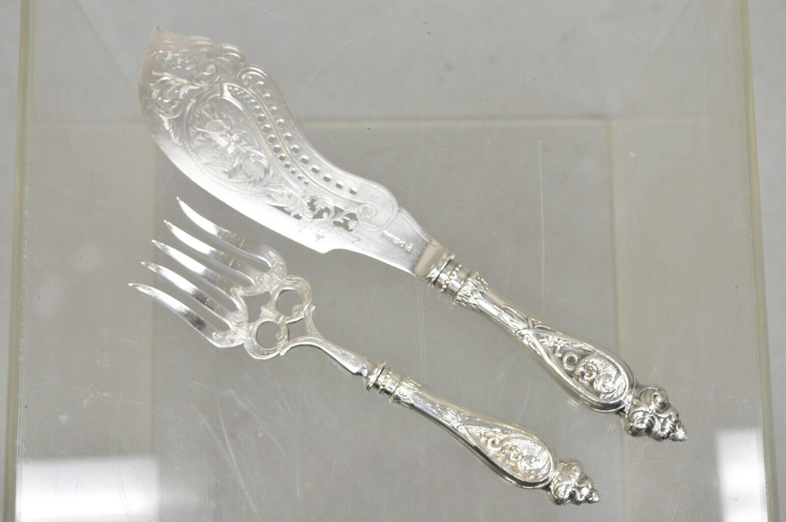 Antique English Victorian Silver Plated Figural Fish Service Fork Knife Set For Sale 7