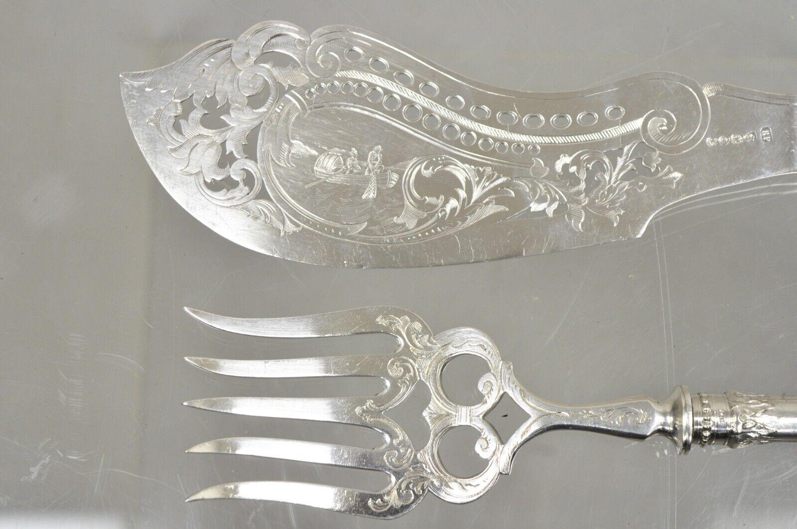 Antique English Victorian Silver Plated Figural Fish Service Fork Knife Set In Good Condition For Sale In Philadelphia, PA