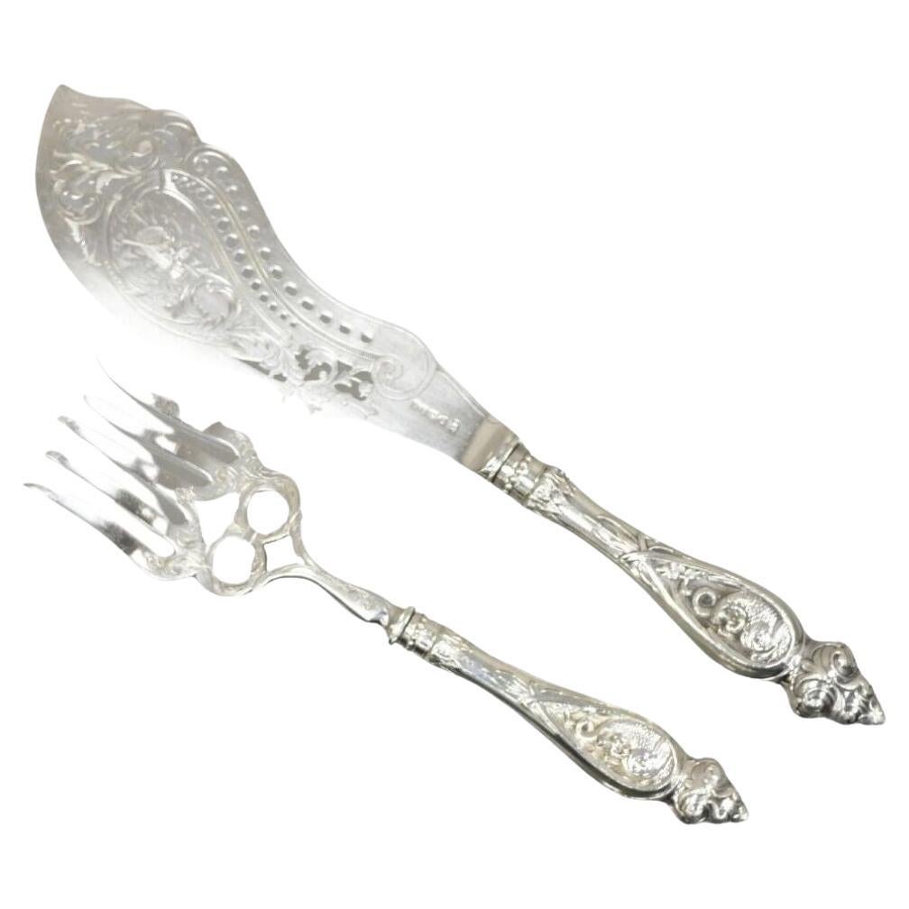 Antique English Victorian Silver Plated Figural Fish Service Fork Knife Set For Sale