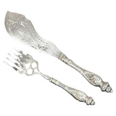 Antique English Victorian Silver Plated Figural Fish Service Fork Knife Set