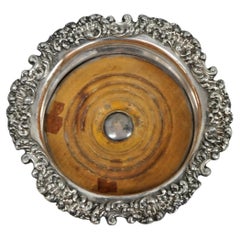 Antique English Victorian Silver Plated Floral Mahogany Bar Wine Bottle Coaster