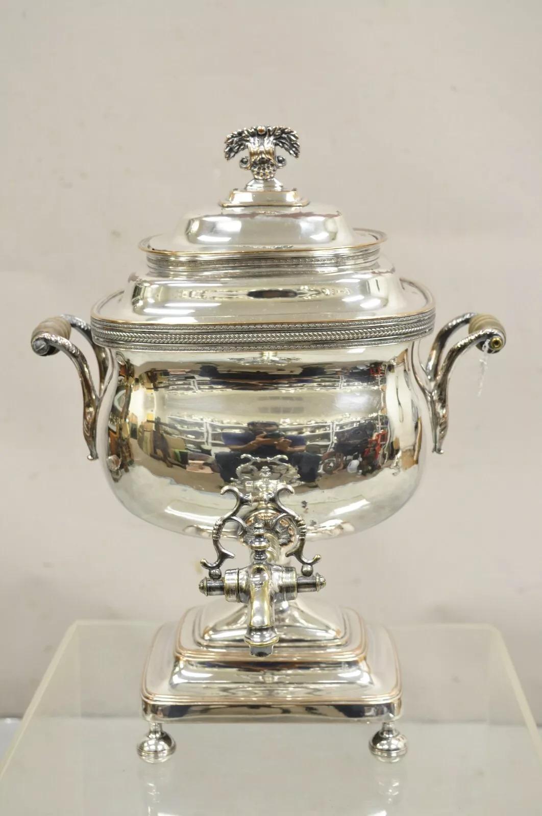 Antique English Victorian Silver Plated Footed Coffee Tee Dispenser Samovar. Circa Late 19th Century. Measurements: 18
