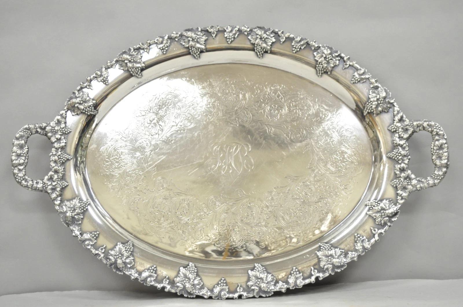 Antique English Victorian Silver Plated Grapevine Oval Bar Tray w/ Monogram For Sale 11