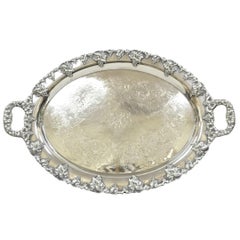 Antique English Victorian Silver Plated Grapevine Oval Bar Tray w/ Monogram