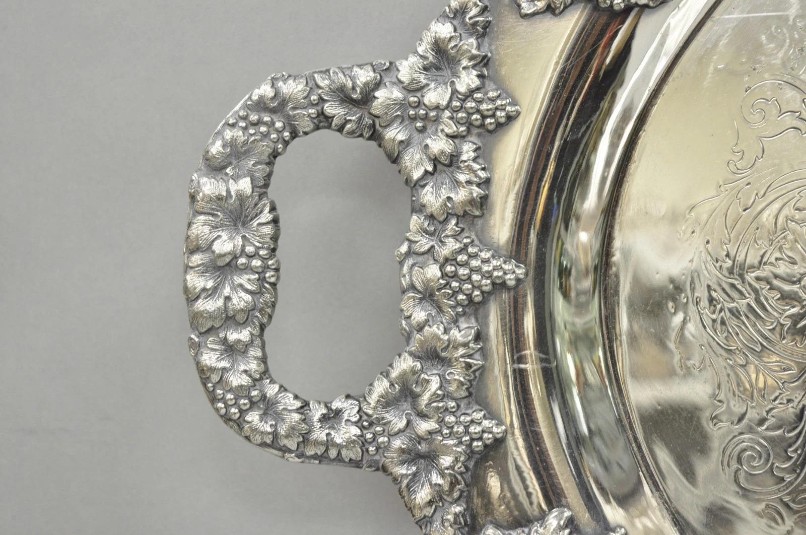 Antique English Victorian Silver Plated Grapevine Oval Bar Tray w/ Monogram In Good Condition For Sale In Philadelphia, PA