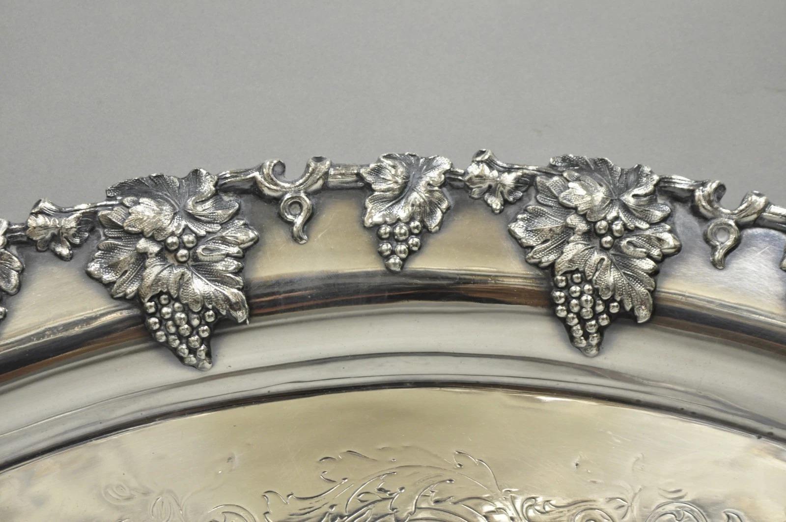 20th Century Antique English Victorian Silver Plated Grapevine Oval Bar Tray w/ Monogram For Sale