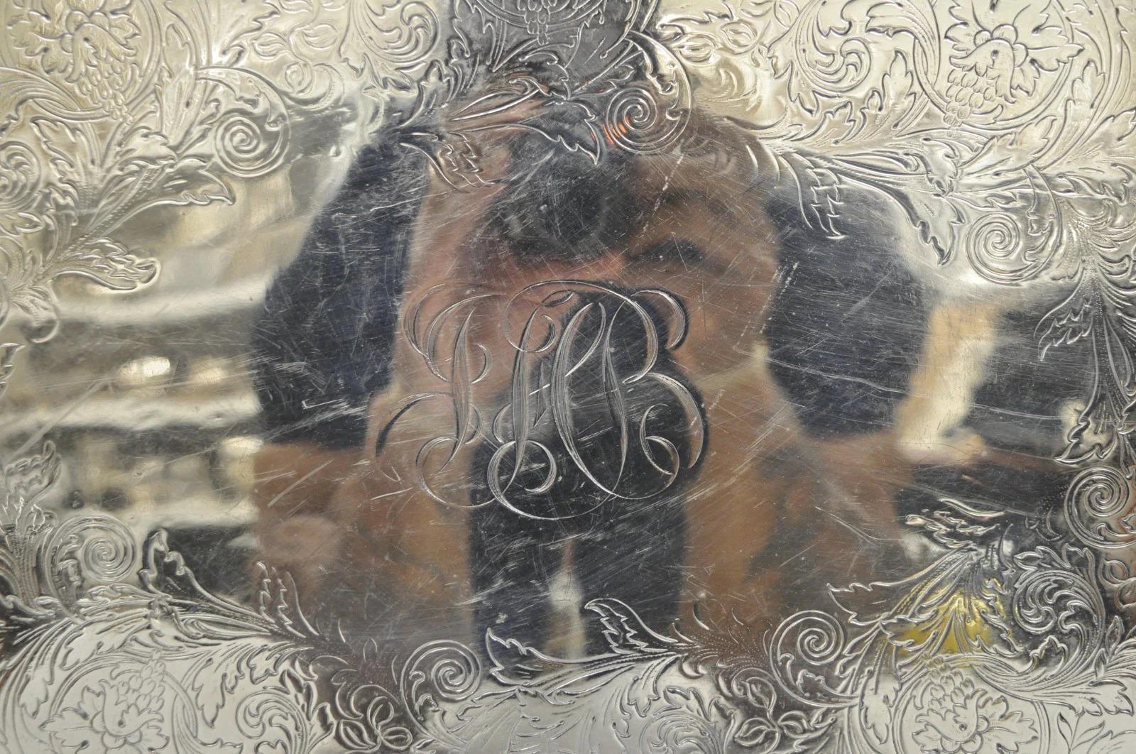 Antique English Victorian Silver Plated Grapevine Oval Bar Tray w/ Monogram For Sale 1