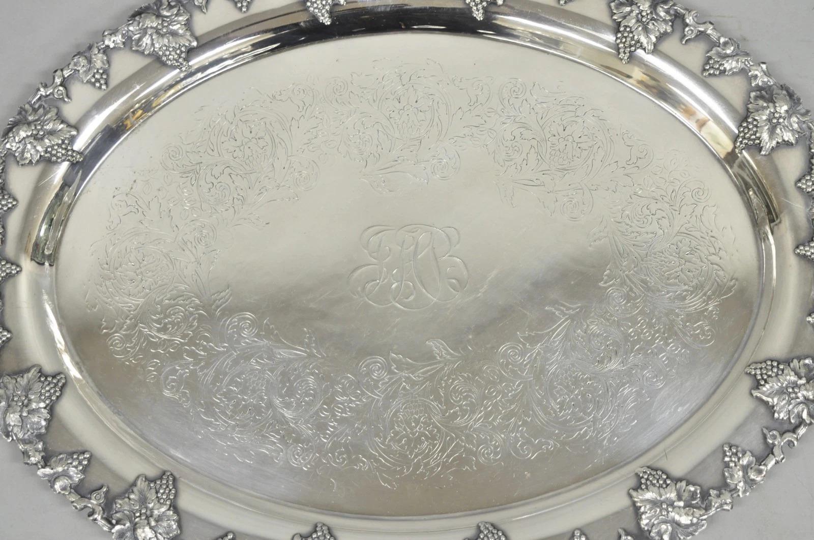 Antique English Victorian Silver Plated Grapevine Oval Bar Tray w/ Monogram For Sale 3