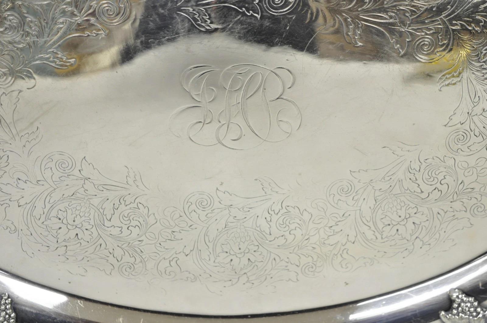 Antique English Victorian Silver Plated Grapevine Oval Bar Tray w/ Monogram For Sale 4