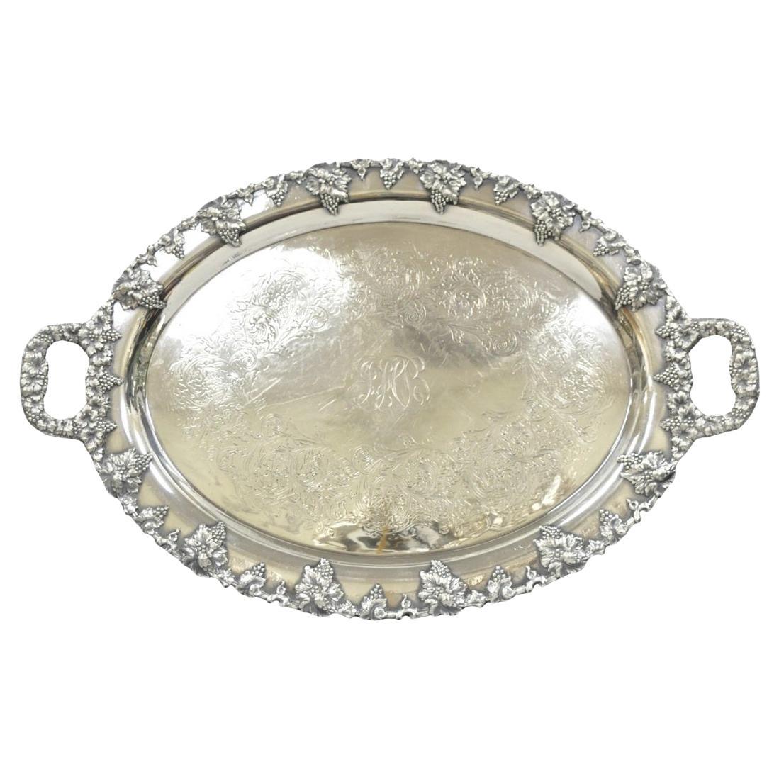 Antique English Victorian Silver Plated Grapevine Oval Bar Tray w/ Monogram For Sale