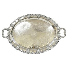 Antique English Victorian Silver Plated Grapevine Oval Bar Tray w/ Monogram