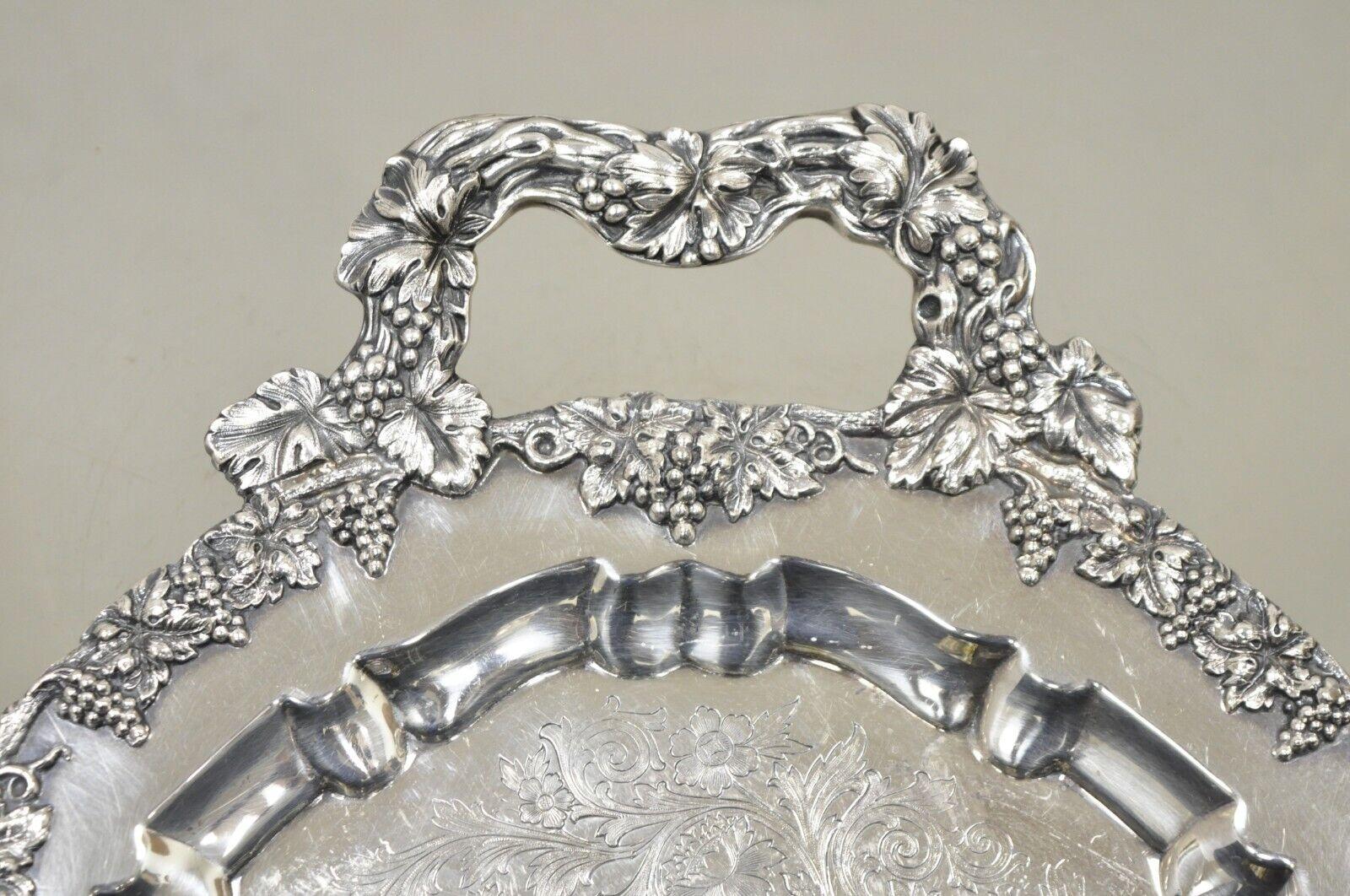 Antique English Victorian Silver Plated Ornate Grapevine Serving Platter Tray In Good Condition For Sale In Philadelphia, PA