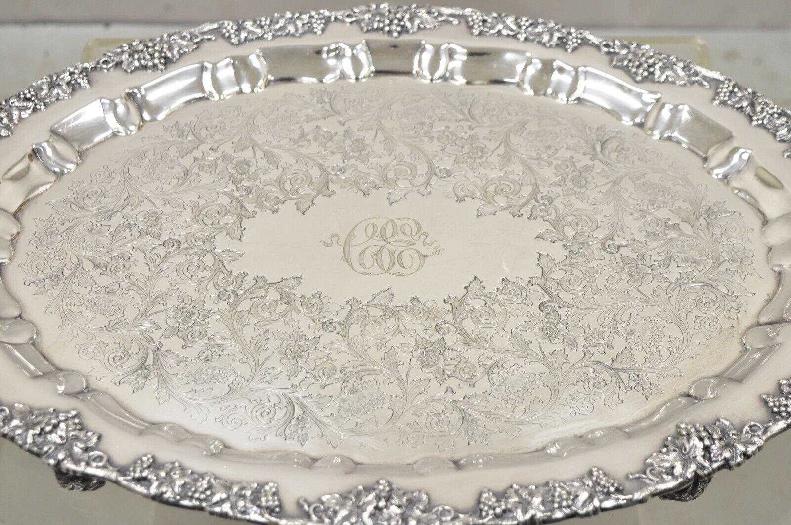 Early 20th Century Antique English Victorian Silver Plated Ornate Grapevine Serving Platter Tray For Sale